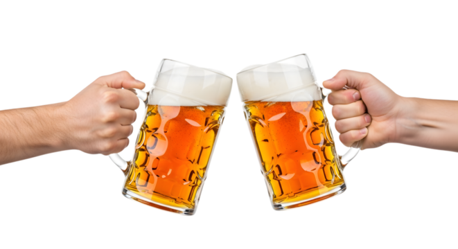Two hands holding beer mugs making a toast, isolated on transparent background