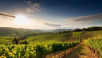 Naklejka premium A Sun Drenched Vineyard Rolling Across The Hills Its Lush Rows Of Grapevines Basking In The Warmth Of Summer Painted With A Sense Of Rustic Charm And Bucolic Tranquility