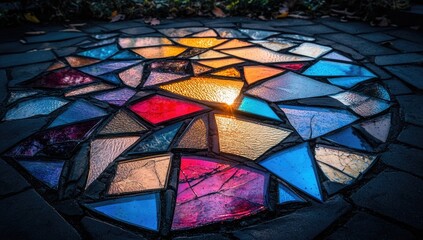 Broken glass mosaic circle reflects light on stone