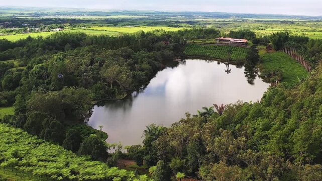 Aerial view of Bois Cheri tea plantation lake surrounded by lush greenery, reflecting the sky with vibrant contrasts, Bois Cheri, Savanne District, Mauritius.