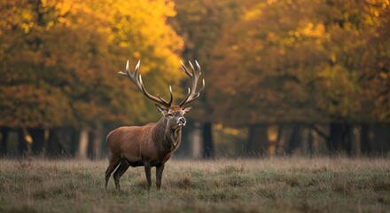 Majestic Stag in Autumnal Forest: Golden Light and Antlered Beauty.