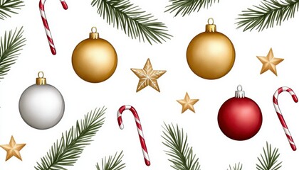 Festive holiday watercolor ornaments stars and candy canes create a joyous Christmas pattern against white. Celebrate yuletide spirit artistic design element. hand painted icon bright