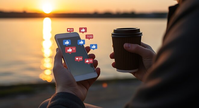 Person holding smartphone with social media notifications and coffee cup at sunset like heart