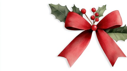 festive red bow with green ribbon and holly accents perfect for Christmas decorations. This charming design adds joyful touch to any holiday celebration. Vibrant scarlet loop emerald
