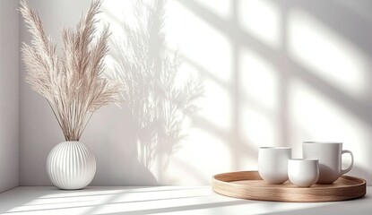 Fototapeta premium Warm room corner with vase, reeds, tray, and white mugs