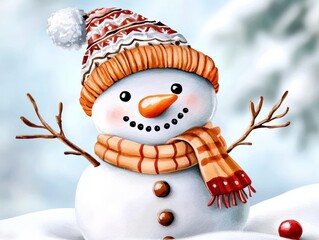 Festive Snowman with Scarf and Knit Hat on Snowy Backdrop. Beautiful light watercolor card. Minimalist Design. Merry Christmas and Happy New Year. Generative AI. Holiday snowman greeting