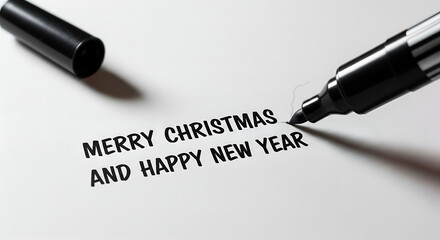 Close-up of a black marker pen writing a festive 'Merry Christmas and Happy New Year' holiday message on a clean white background.