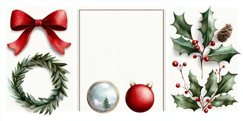 Festive watercolor Christmas elements including holly leaves wreaths snow globes ribbons and ornaments in holiday themed arrangement. Celebrate yuletide season with artistic winter
