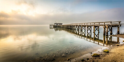 Obraz premium A serene pier extends over still waters, surrounded by fog in the early morning light. The scene captures nature's peace with gentle reflections and soft colors