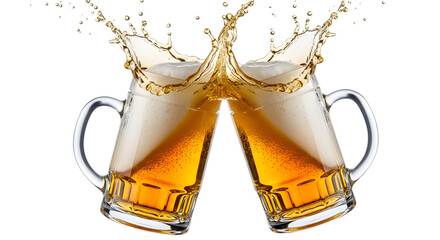 Two beer mugs clinking together with a splash of beer isolated on transparent background