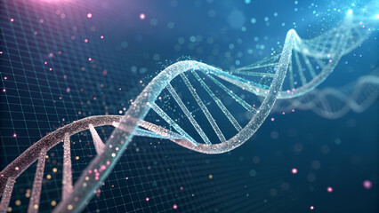 3D digital illustration of DNA double helix strand glowing in blue light over grid background symbolizing genetics, molecular biology, biotechnology research and medical innovation