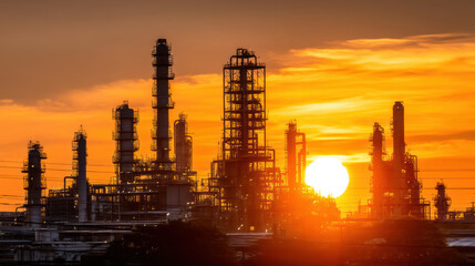 Petrochemical plant oil refinery at sunset glow