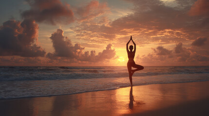 Serene woman yoga silhouette pose on beach at sunset