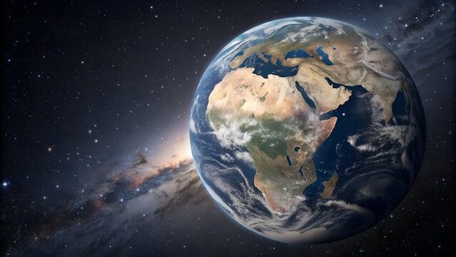 Planet Earth view from space with visible continents and glowing stars in galaxy background symbolizing global unity, environmental awareness and science of astronomy exploration