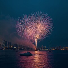 Breathtaking nighttime fireworks display over the city skyline with boats on the water