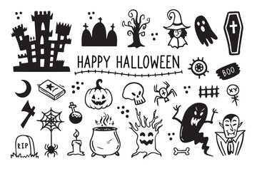 Halloween doodles black and white drawing set. Happy halloween doodle elements Design for prints, decoration of postcards and posters, stickers, sublimation