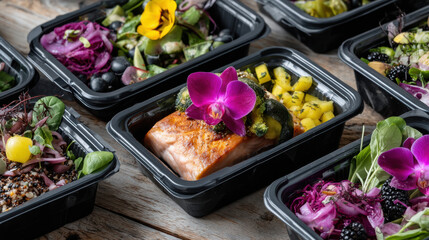 Gourmet healthy meal prep food with salmon salad