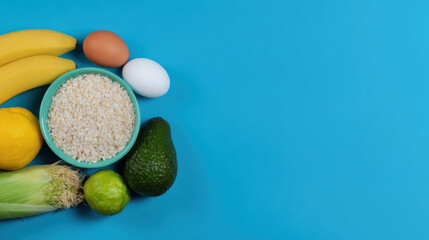 Colorful healthy food ingredients for breakfast overhead