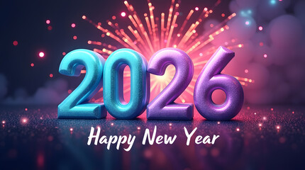 Glossy 3D 2026 New Year Graphic with Fireworks, Bokeh, and Elegant Script