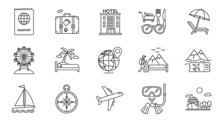 Naklejka premium A collection of travel and vacation icons, including passport, hotel, airplane, and beach essentials, presented in a simple line art style vacation background