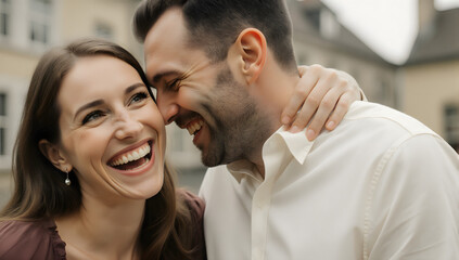 Fototapeta premium Joyful Moments: A radiant couple shares an intimate, laughter-filled moment of connection, their faces lit with genuine happiness and affection.