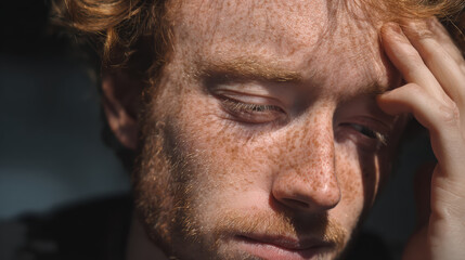 Sad redhead man with headache feeling stress and pain