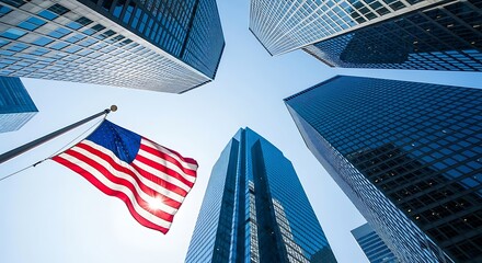 American flag waving in front of modern skyscrapers in a city vacation background