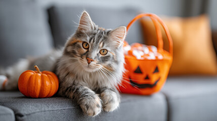 Cute cat with halloween pumpkin lying on gray couch