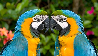 Fototapeta premium Two vibrant parrots face each other, mirroring their beautiful plumage against a lush backdrop
