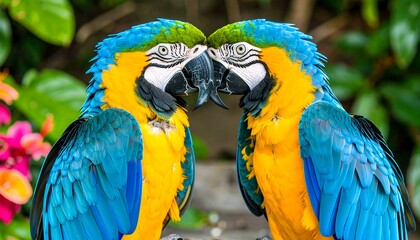 Obraz premium Two vibrant parrots nuzzle, showcasing their bright plumage