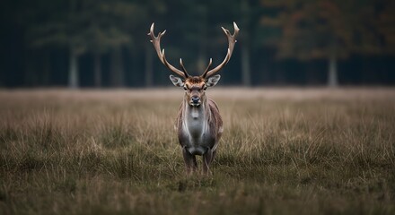 Majestic Fallow Deer Stag with Impressive Antlers Gazing Intently in a Moody Field