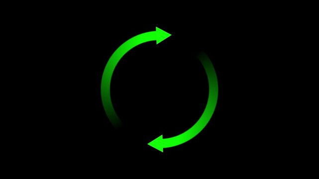 Reload icon animation with circular arrow on black background, loop rotation, refresh update symbol, process synchronization, restart cycle, digital loading concept