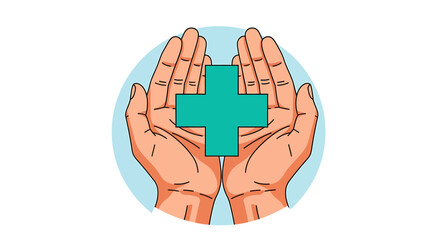 Open hands holding a vibrant green cross symbol, representing health, care, and medical support in a circular design.