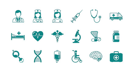 Collection of medical icons, including doctors, nurses, equipment, and symbols, representing healthcare and medicine.