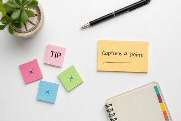 Sticky notes and a pen on a white desk surface