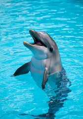 Naklejka premium Playful dolphin emerging from crystal clear blue water enchanting aquatic scene nature's beauty
