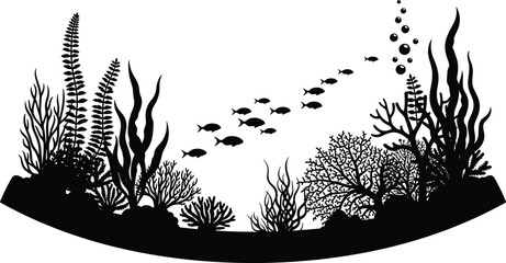 Underwater silhouette scene, black vector ocean, fish swimming graphic, coral reef illustration, editable marine clipart, aquatic nature design, bubbles © Creative Mind