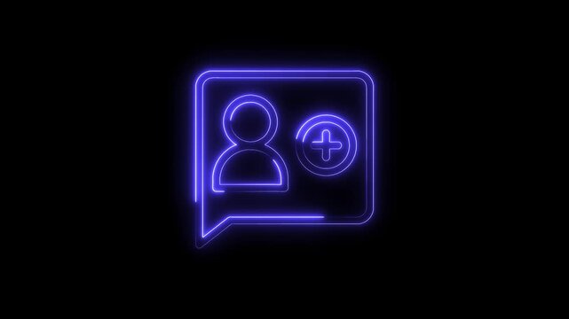 Glowing neon add contact bubble icon animation on black background with seamless loop