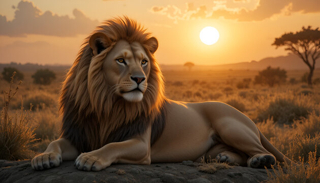 Majestic lion resting on a rock in the african savanna at sunset
