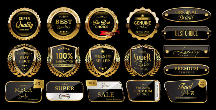 Gold shield icon, logo, security badge, vector design.Best seller, best quality product vector badges. Luxury gold, Silver, bronze, black and gold circle labels, sign, seal, symbol, stamp, sticker