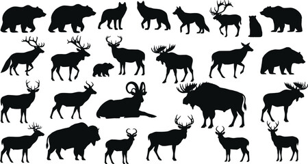 Wild animal silhouette, forest wildlife vector, bear deer moose shapes, black animal icons, nature illustration, isolated mammals, artistic graphics