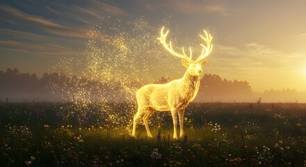 Enchanting Golden Stag with Glowing Antlers Amidst Sparkling Dust in a Mystical Meadow