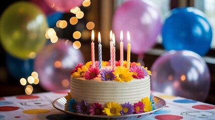 Celebrate with a delicious decorated birthday cake and colorful balloons for a fun party