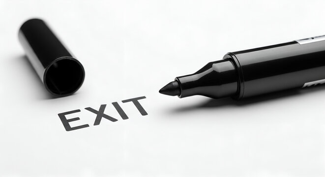 Planning the Departure: Minimalist black and white photo of an open marker and the word EXIT, symbolizing a business exit strategy or resignation.