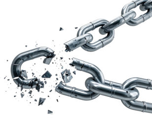 Close-up of a silver metal chain, link fractured and breaking apart