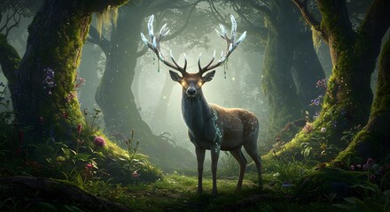 Majestic Stag with Glowing Eyes and Crystal Antlers in a Mystical Forest Glade