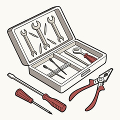 A collection of hand tools including wrenches screwdrivers needles and pliers are neatly organized within an open toolbox ready for use