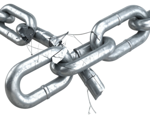 A broken silver chain, links shattered, showcasing fracture and separation