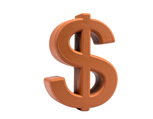 3D rendered dollar symbol in orange, casting a soft shadow on a black background