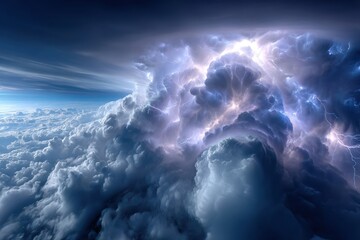 Naklejka premium Thunderstorm clouds illuminated by lightning above a sea of bill